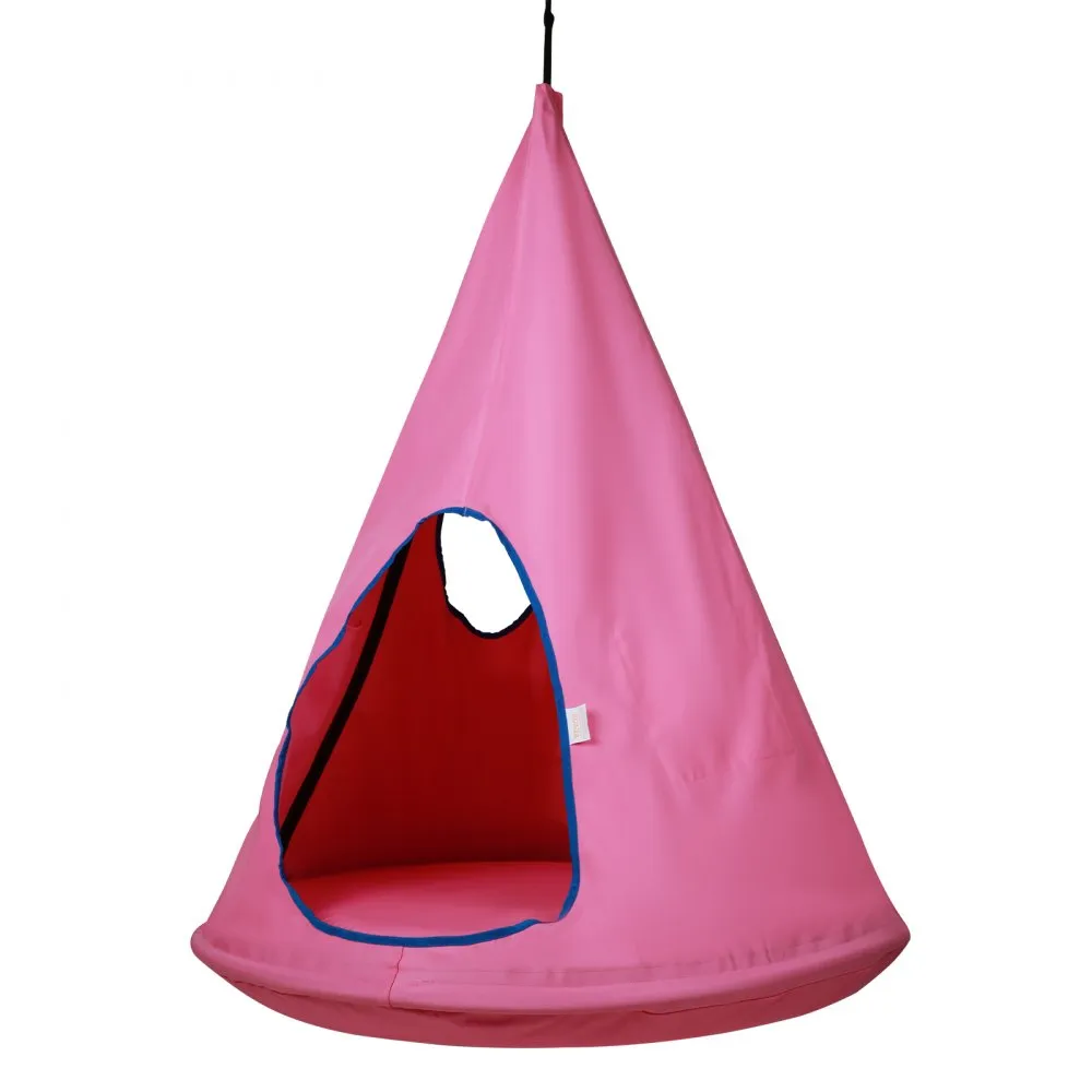 pink VEVOR kids nest swing chair with blue-trimmed entrance hanging on a black rope.