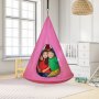 kids in colorful clothes in a pink VEVOR kids nest swing chair, hanging in a bright, modern nursery.