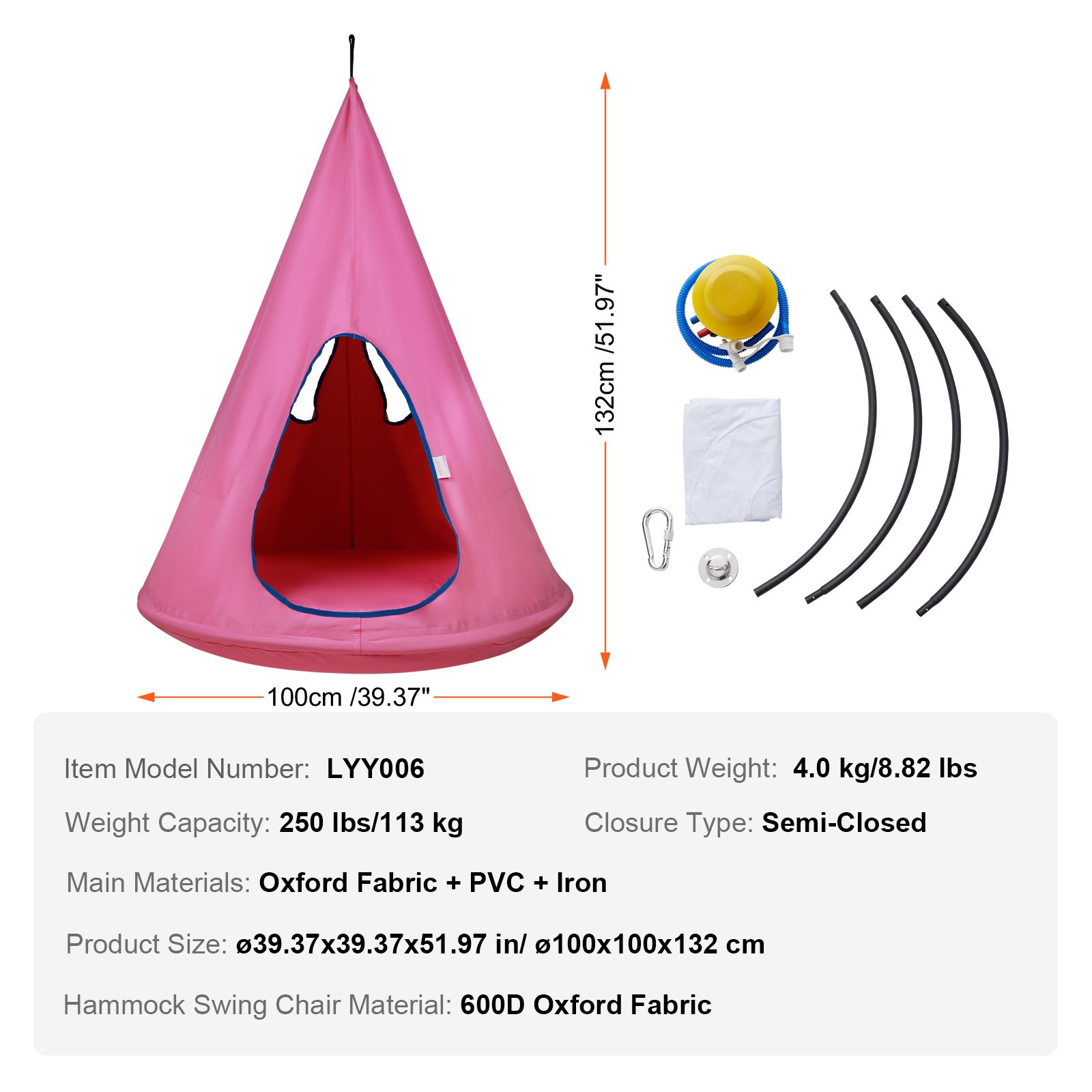 VEVOR kids nest swing chair, pink, includes set-up accessories, measures 132cm tall and 100cm wide.