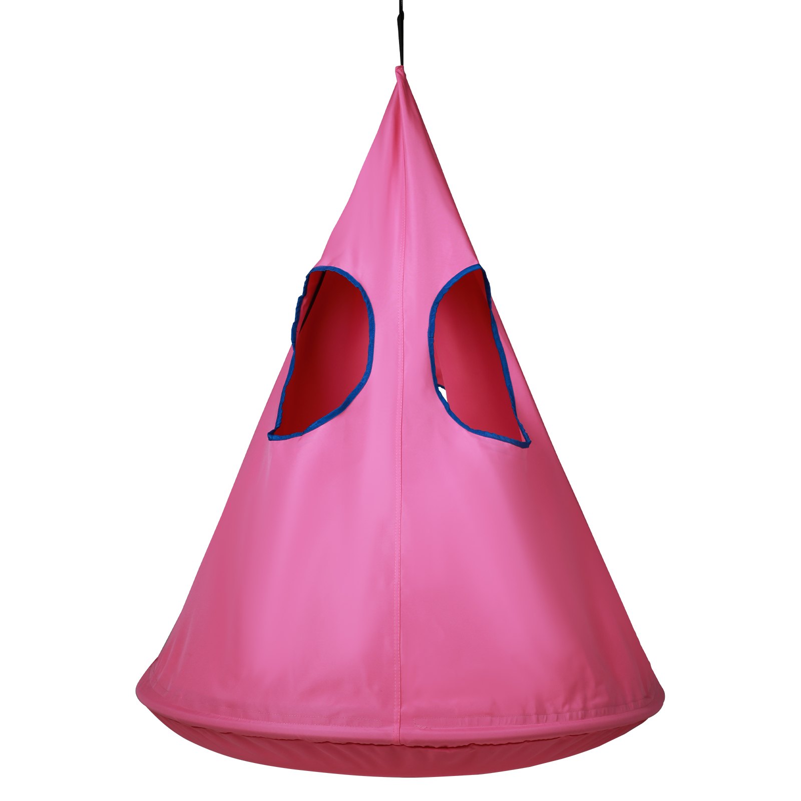 pink VEVOR kids nest swing chair with blue-edged windows hanging from a single black rope.