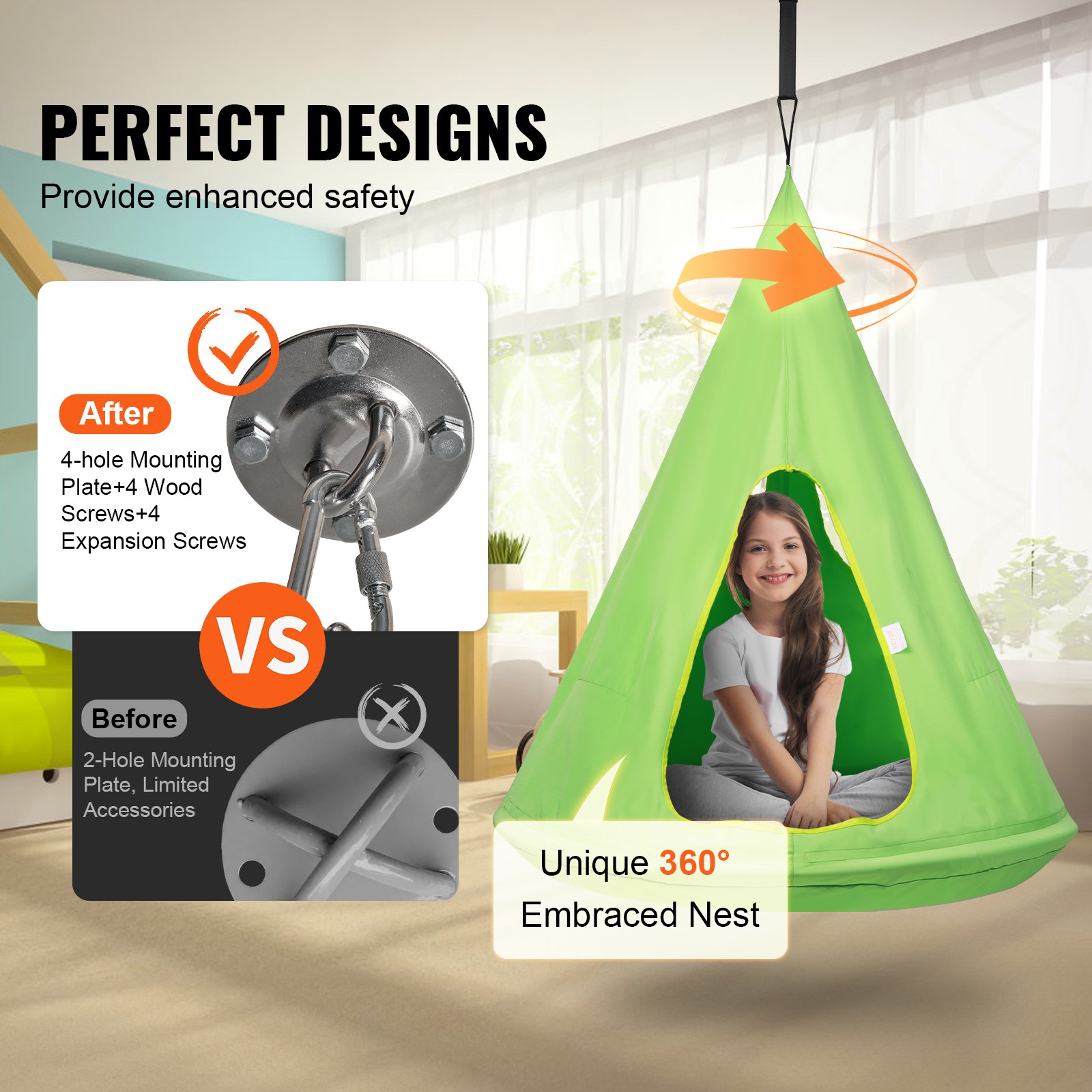 VEVOR Kids Nest Chair, Hanging Hammock Chair with Adjustable Rope, Hammock Chair for Kids Indoor and Outdoor Use (39" D x 52" H), 250lbs Weight Capacity, Green