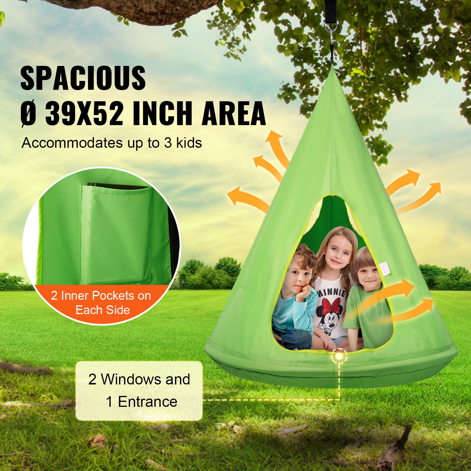 VEVOR Kids Nest Chair, Hanging Hammock Chair with Adjustable Rope, Hammock Chair for Kids Indoor and Outdoor Use (39" D x 52" H), 250lbs Weight Capacity, Green