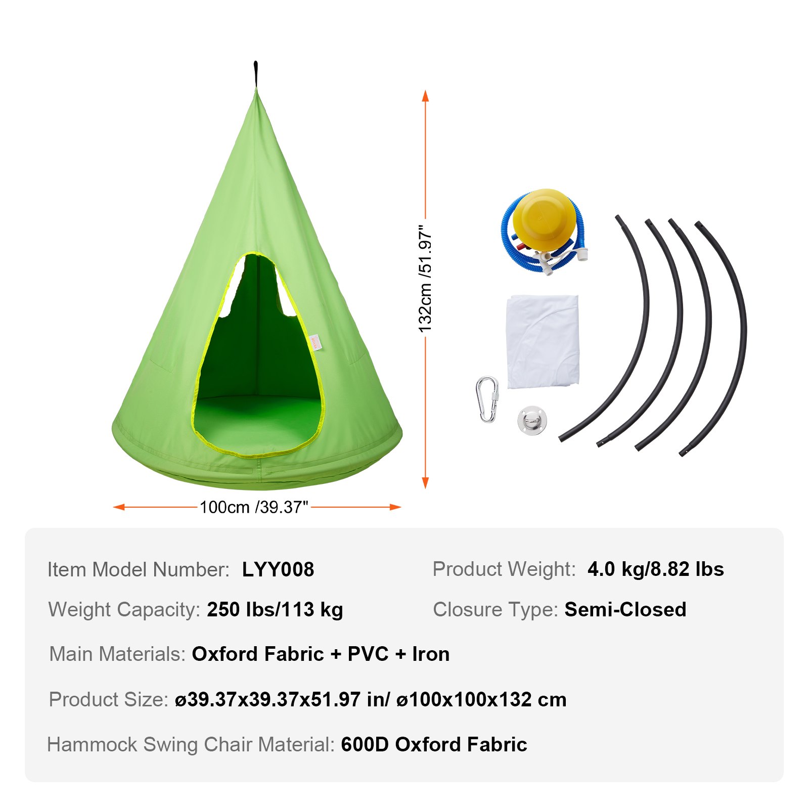 VEVOR Kids Nest Chair, Hanging Hammock Chair with Adjustable Rope, Hammock Chair for Kids Indoor and Outdoor Use (39" D x 52" H), 250lbs Weight Capacity, Green