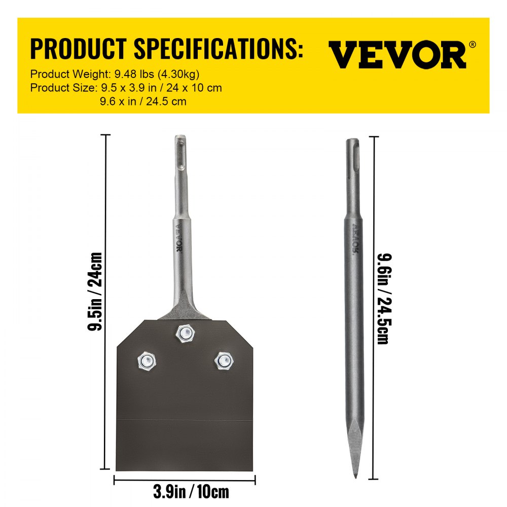 VEVOR SDS-Plus Chisel Floor Scraper 3.9 in Wide Tile Removal Steel Flat Chisel