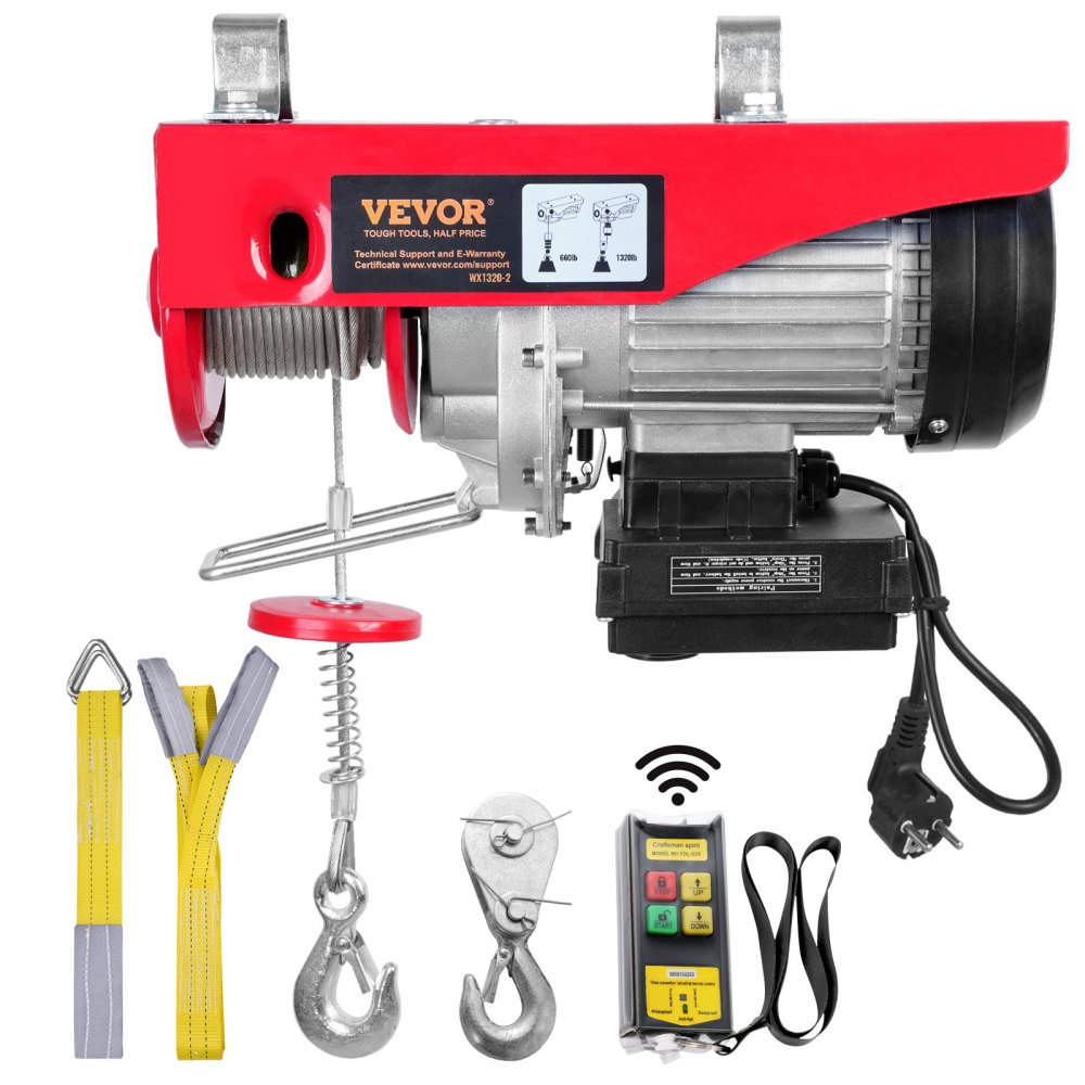 VEVOR Electric Hoist, 1320 lbs Lifting Capacity, 1150W 220V Electric Steel Wire Winch with Wireless Remote Control, 40ft Single Cable Lifting Height & Pure Copper Motor, for Garage Warehouse Factory