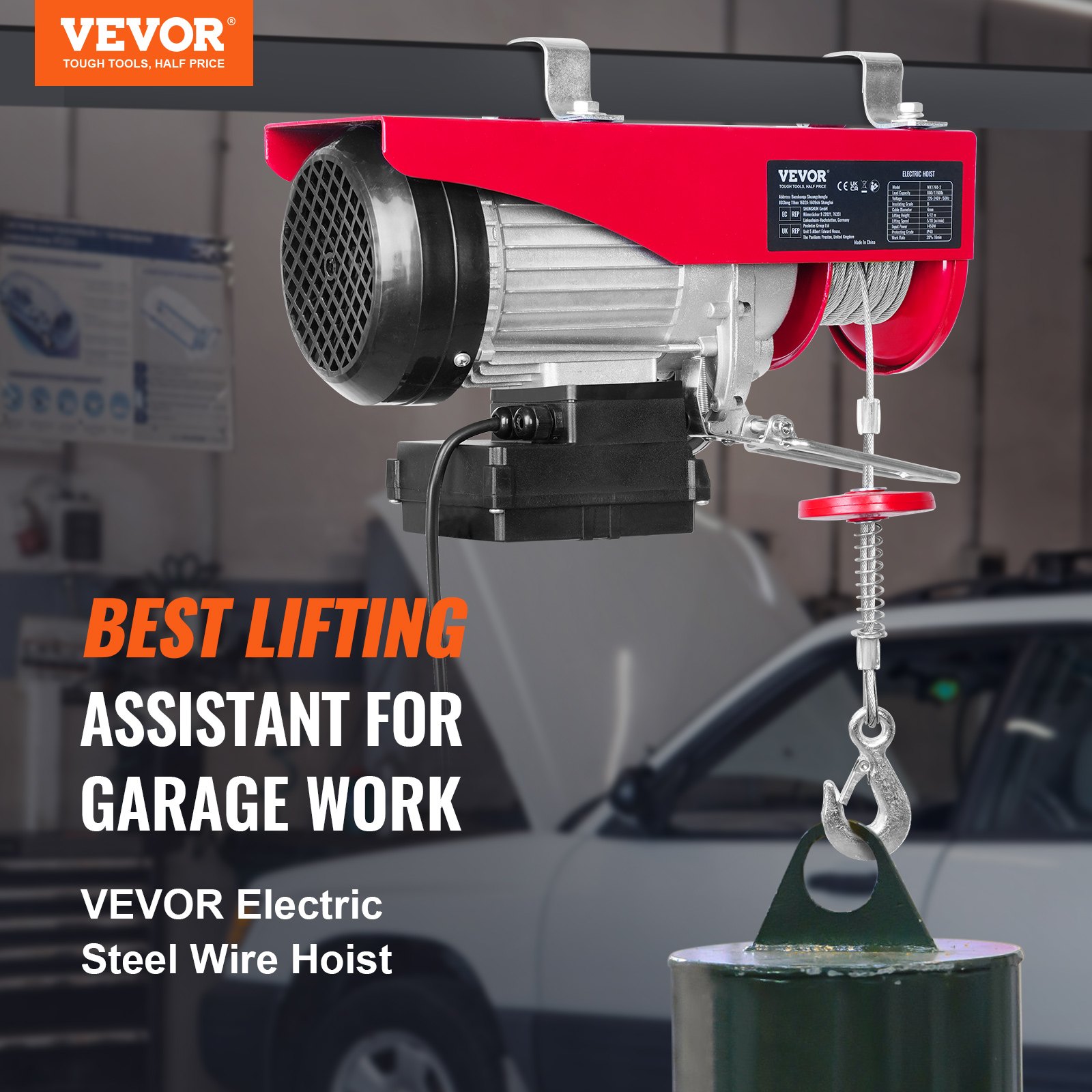 VEVOR Electric Hoist, 598.7 kg Lifting Capacity, 1150W 220V Electric Steel Wire Winch with Wireless Remote Control, 1219 cm Single Cable Lifting Height & Motor, for Garage Warehouse Factory