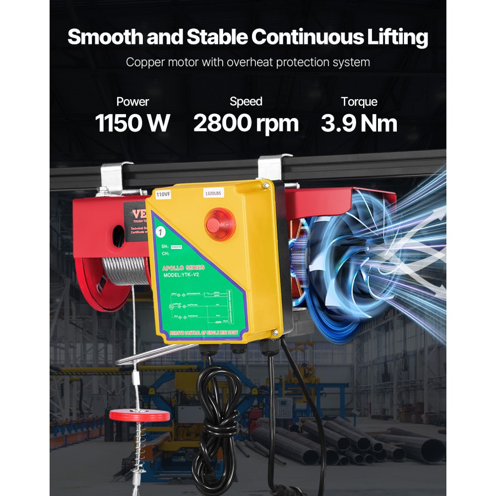 Polipasto eléctrico VEVOR, capacidad de elevación de 600 kg, cabrestante eléctrico de cable de acero de 1150 W y 110 V con control remoto inalámbrico, altura de elevación de cable único de 12 metros y motor de alta calidad, para garaje, almacén o fábrica.