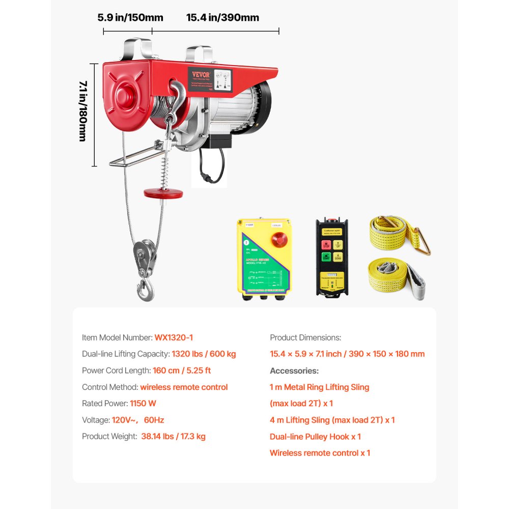 Polipasto eléctrico VEVOR, capacidad de elevación de 600 kg, cabrestante eléctrico de cable de acero de 1150 W y 110 V con control remoto inalámbrico, altura de elevación de cable único de 12 metros y motor de alta calidad, para garaje, almacén o fábrica.