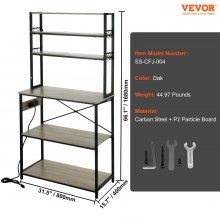 VEVOR Kitchen Baker's Rack with Power Outlets, 6-Tier Industrial Microwave Stand with Hutch & 6 S-Shaped Hooks, Multifunctional Coffee Station Organizer, Utility Kitchen Storage Shelf, Oak