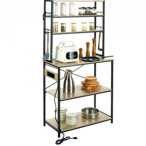 VEVOR 6-Tier Kitchen Bakers Rack Microwave Oven Storage Cabinet Power Outlet