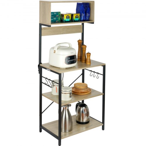 VEVOR Kitchen Baker's Rack, 4-Tier Industrial Microwave Stand with Hutch & 6 S-Shaped Hooks, Multifunctional Coffee Station Organizer with Utility Storage Shelf for Kitchen, Living Room, Oak