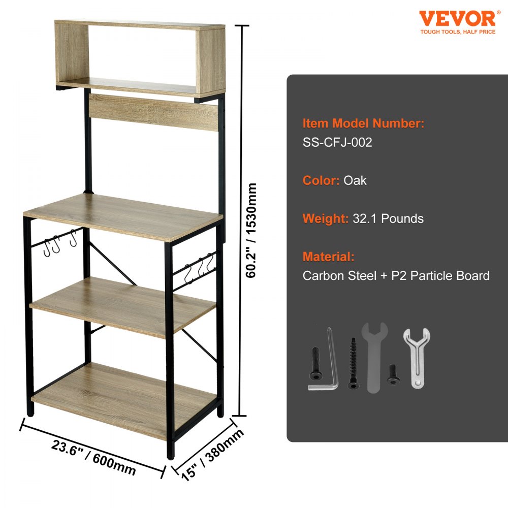 VEVOR Kitchen Baker's Rack, 4-Tier Industrial Microwave Stand with Hutch & 6 S-Shaped Hooks, Multifunctional Coffee Station Organizer with Utility Storage Shelf for Kitchen, Living Room, Dark Gray