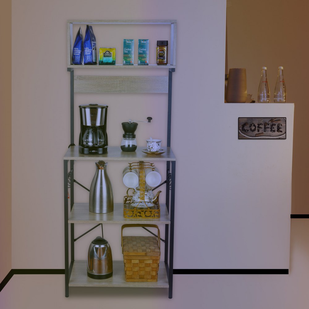 VEVOR Kitchen Baker's Rack, 4-Tier Industrial Microwave Stand with Hutch & 6 S-Shaped Hooks, Multifunctional Coffee Station Organizer with Utility Storage Shelf for Kitchen, Living Room, Dark Gray