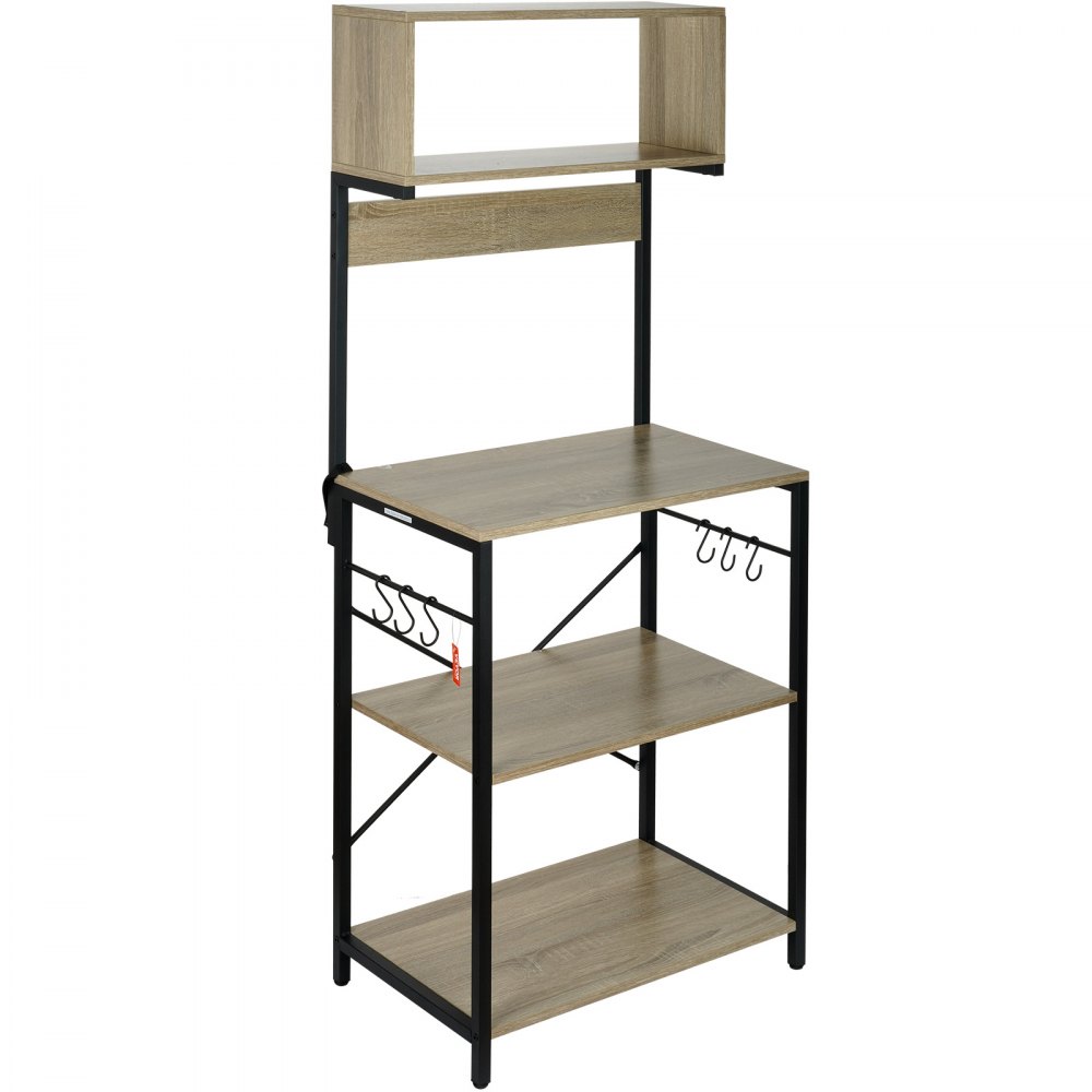 VEVOR Kitchen Baker's Rack, 4-Tier Industrial Microwave Stand with Hutch & 6 S-Shaped Hooks, Multifunctional Coffee Station Organizer with Utility Storage Shelf for Kitchen, Living Room, Dark Gray