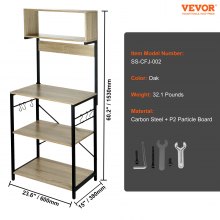VEVOR Kitchen Baker's Rack, 4-Tier Industrial Microwave Stand with Hutch & 6 S-Shaped Hooks, Multifunctional Coffee Station Organizer with Utility Storage Shelf for Kitchen, Living Room, Dark Gray
