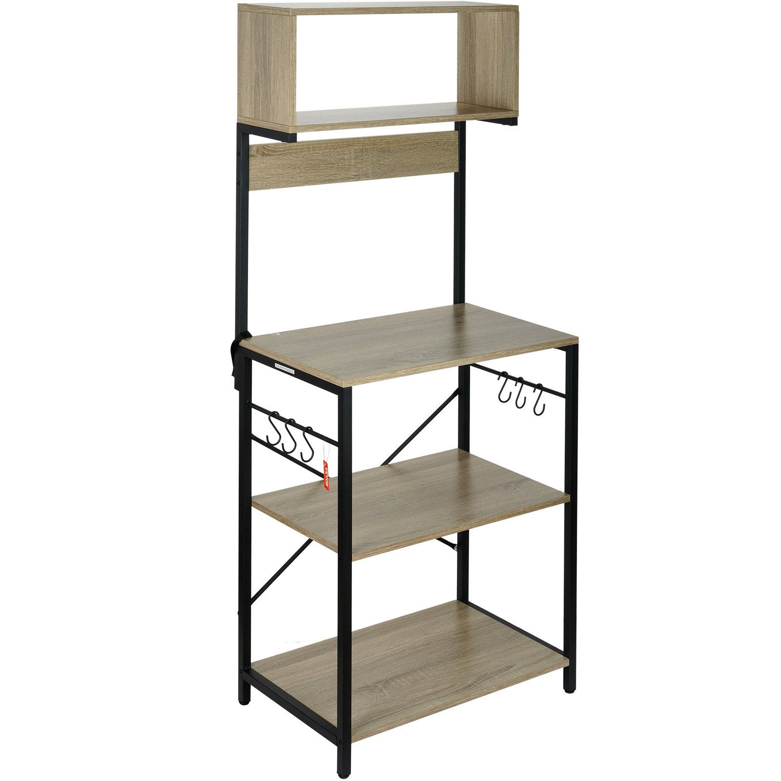 VEVOR Kitchen Baker's Rack, 4-Tier Industrial Microwave Stand with Hutch & 6 S-Shaped Hooks, Multifunctional Coffee Station Organizer with Utility Storage Shelf for Kitchen, Living Room, Dark Gray