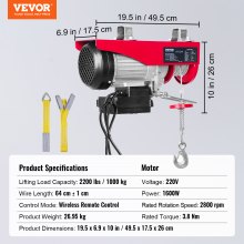 VEVOR Electric Hoist, 2200 lbs Lifting Capacity, 1600W 220V Electric Steel Wire Winch with Wireless Remote Control, 40ft Single Cable Lifting Height & Pure Copper Motor, for Garage Warehouse Factory