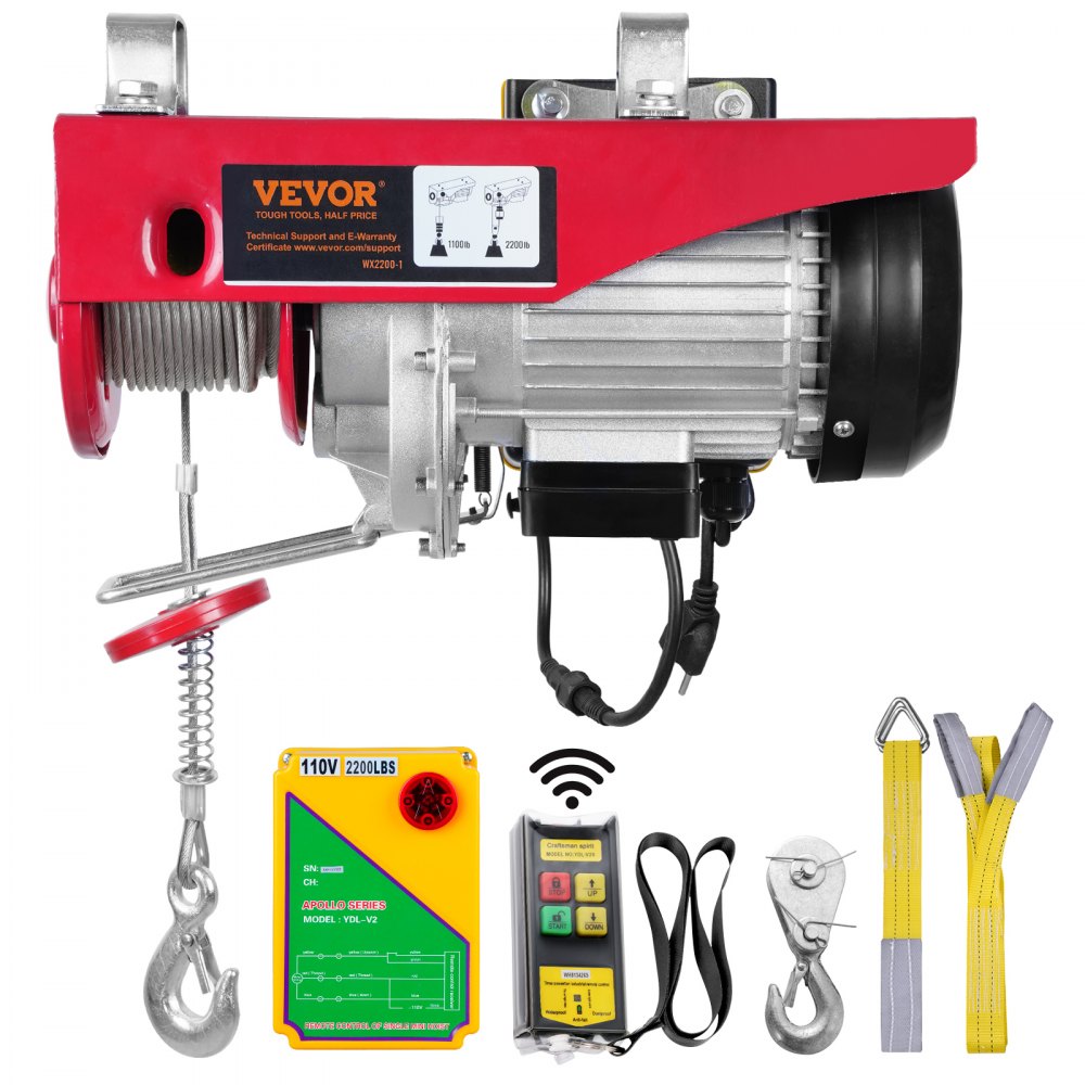 VEVOR Electric Hoist, 2200 lbs Lifting Capacity, 1600W 110V Electric Steel Wire Winch with Wireless Remote Control, 40ft Single Cable Lifting Height & Pure Copper Motor, for Garage Warehouse Factory