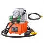 VEVOR electric hydraulic pump with orange casing, pressure gauge, and black hoses.