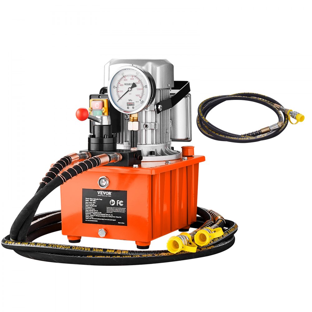 VEVOR electric hydraulic pump with orange base, pressure gauge, and black hydraulic hoses.