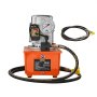 VEVOR electric hydraulic pump with pressure gauge and hose on an orange base.