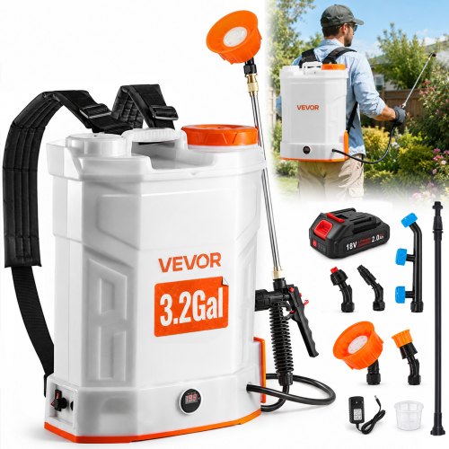 VEVOR Battery Powered Backpack Sprayer, 12L Powerful Electric Backpack Sprayer, 2 Retractable Wands & 5 Nozzles, Adjustable 0-90 PSI, 2 Hour Runtime, Portable Weed Sprayers for Yard Garden Lawn
