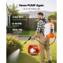 VEVOR Battery Powered Backpack Sprayer, Electric Back Pack Sprayer 4 Gallon, 2 Wands & 8 Nozzles, Adjustable 0-90 PSI, 4H Runtime, Portable Lawn & Garden Sprayers for Weeding, Spraying, Cleaning,Battery kit included