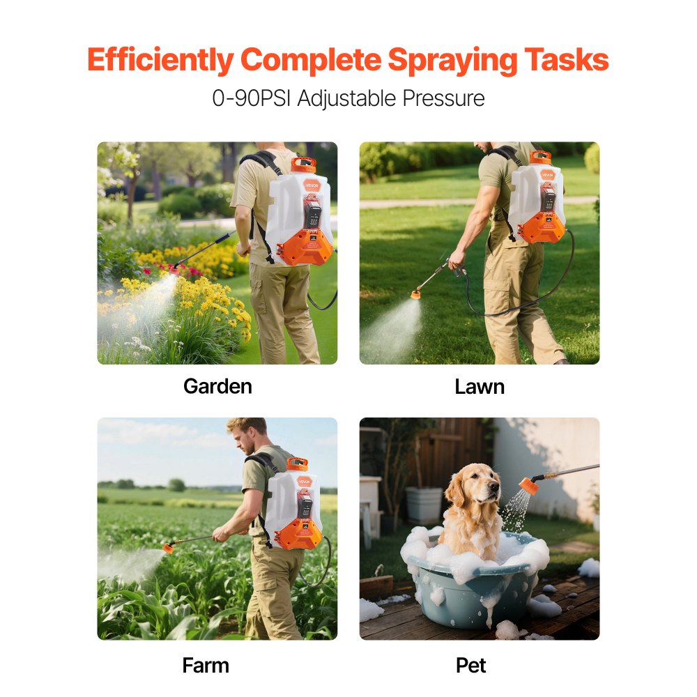 VEVOR Battery Powered Backpack Sprayer, 16L Electric Backpack Sprayer, 2 Wands & 8 Nozzles, Adjustable 0-90 PSI, 4H Runtime, Portable Yard Garden Lawn Sprayers for Weeding Spraying Cleaning