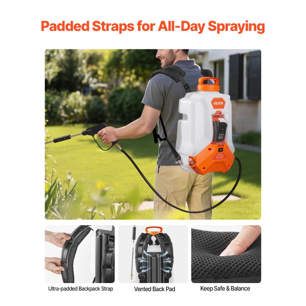 VEVOR Battery Powered Backpack Sprayer, 16L Electric Backpack Sprayer, 2 Wands & 8 Nozzles, Adjustable 0-90 PSI, 4H Runtime, Portable Yard Garden Lawn Sprayers for Weeding Spraying Cleaning