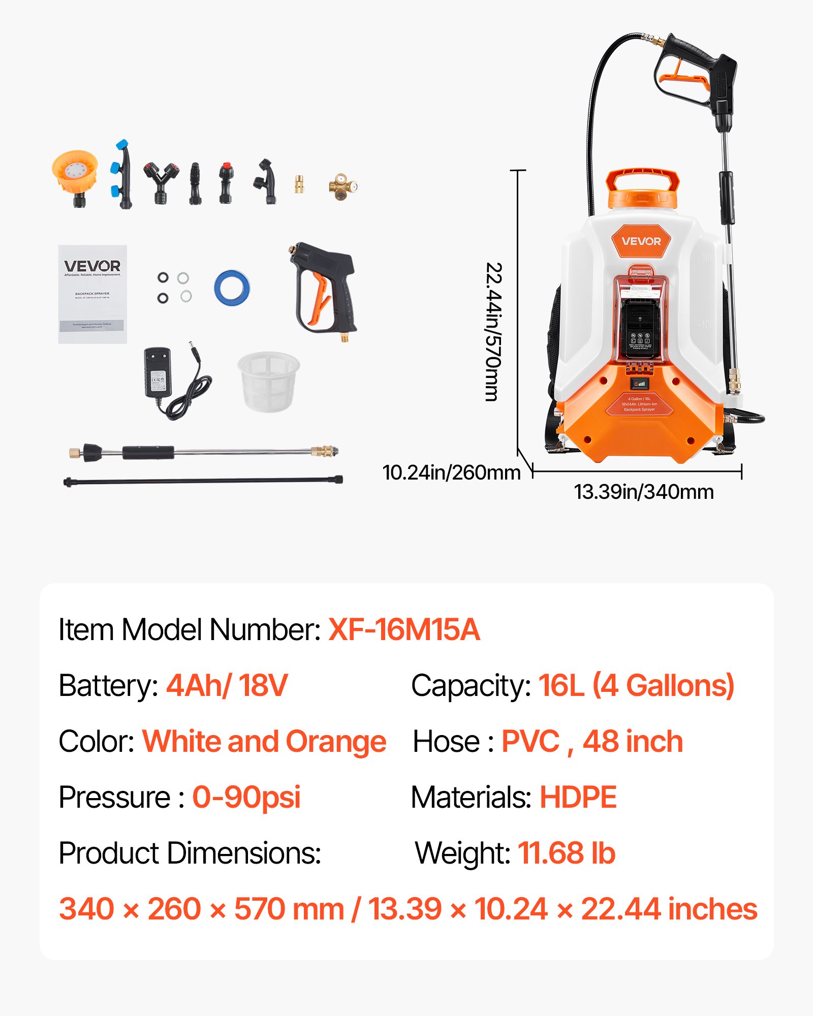 VEVOR Battery Powered Backpack Sprayer, 16L Electric Backpack Sprayer, 2 Wands & 8 Nozzles, Adjustable 0-90 PSI, 4H Runtime, Portable Yard Garden Lawn Sprayers for Weeding Spraying Cleaning