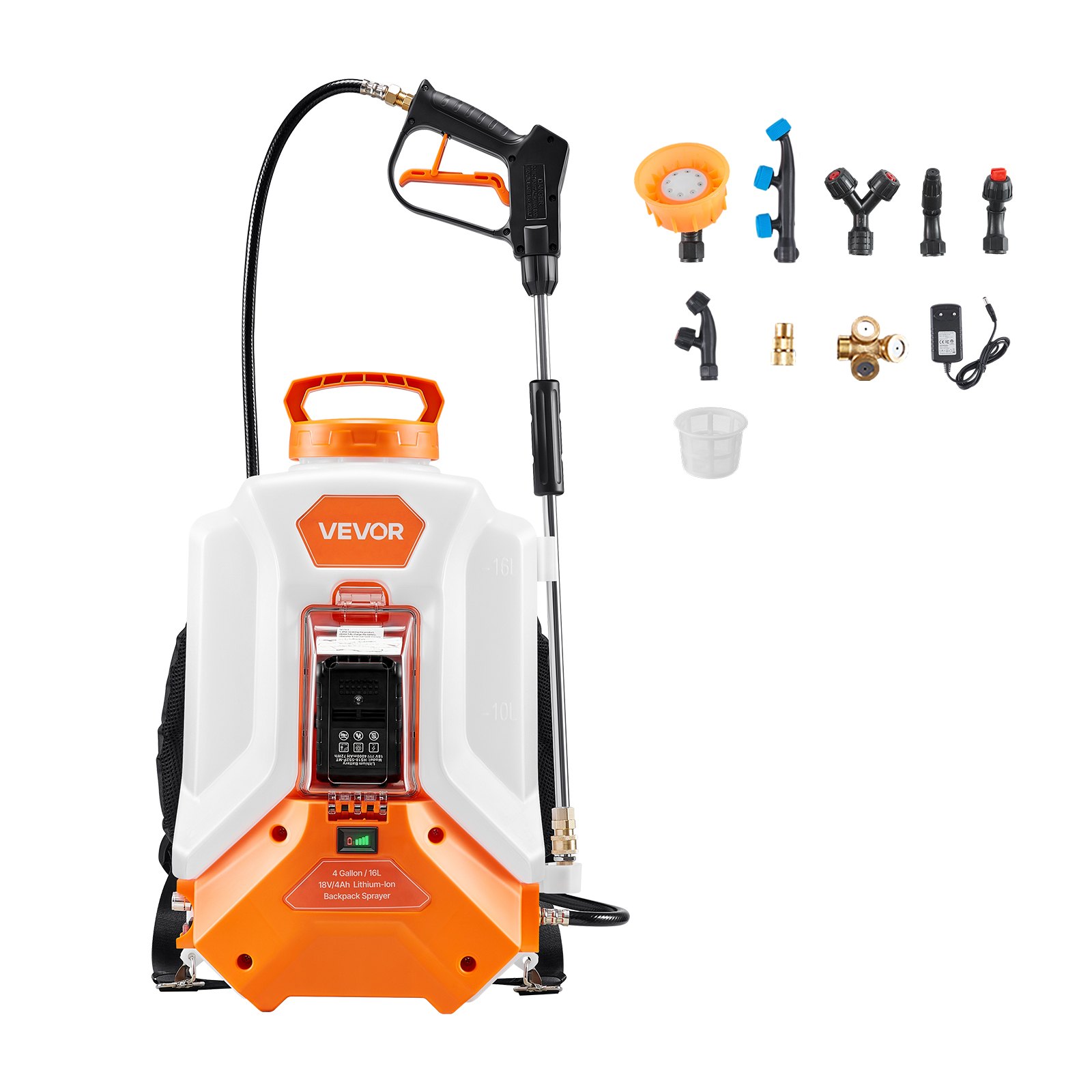 VEVOR Battery Powered Backpack Sprayer, 16L Electric Backpack Sprayer, 2 Wands & 8 Nozzles, Adjustable 0-90 PSI, 4H Runtime, Portable Yard Garden Lawn Sprayers for Weeding Spraying Cleaning