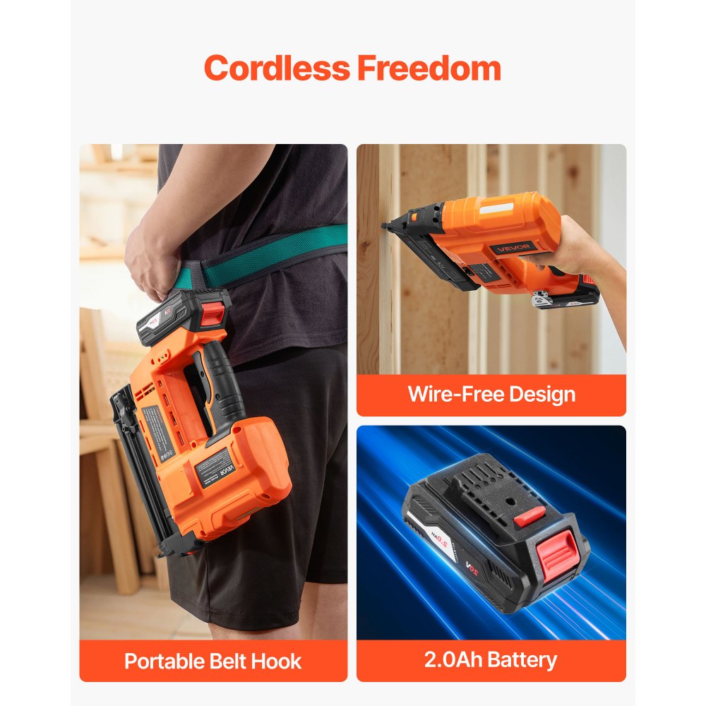 VEVOR Cordless Brad Nailer, 18 Gauge, 20V Battery Powered Nail Gun, with 500 pcs Nails, 2.0 Ah Li-ion Battery and Charger, Adjustable Nailing Depth, for Home Improvement, Woodworking, DIY Project