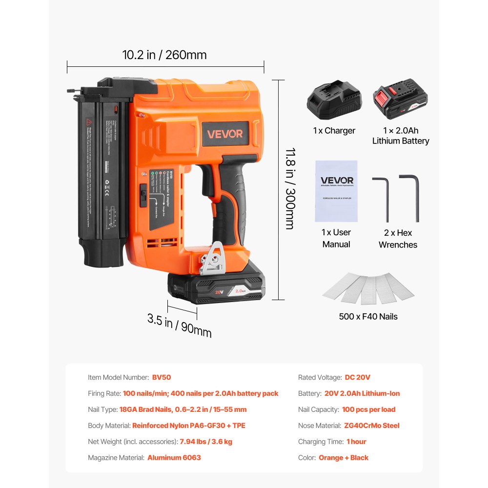 VEVOR Cordless Brad Nailer, 18 Gauge, 20V Battery Powered Nail Gun, with 500 pcs Nails, 2.0 Ah Li-ion Battery and Charger, Adjustable Nailing Depth, for Home Improvement, Woodworking, DIY Project