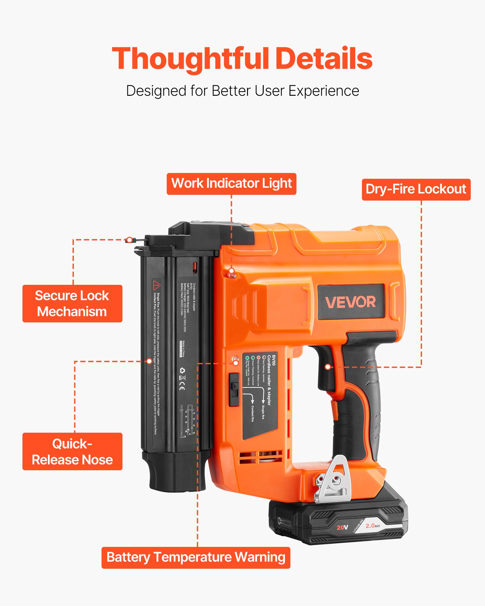 VEVOR Cordless Brad Nailer, 18 Gauge, 20V Battery Powered Nail Gun, with 500 pcs Nails, 2.0 Ah Li-ion Battery and Charger, Adjustable Nailing Depth, for Home Improvement, Woodworking, DIY Project