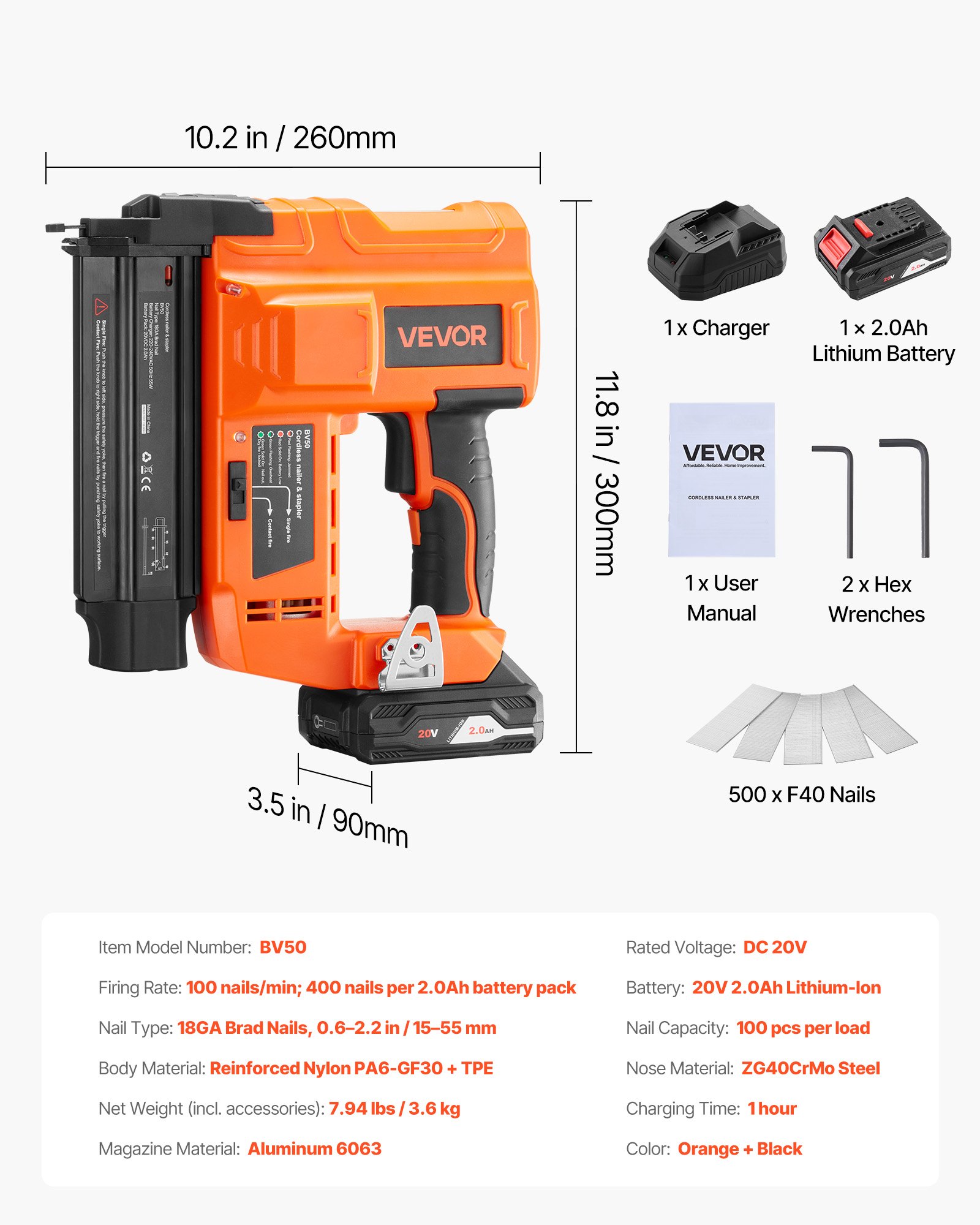 VEVOR Cordless Brad Nailer, 18 Gauge, 20V Battery Powered Nail Gun, with 500 pcs Nails, 2.0 Ah Li-ion Battery and Charger, Adjustable Nailing Depth, for Home Improvement, Woodworking, DIY Project