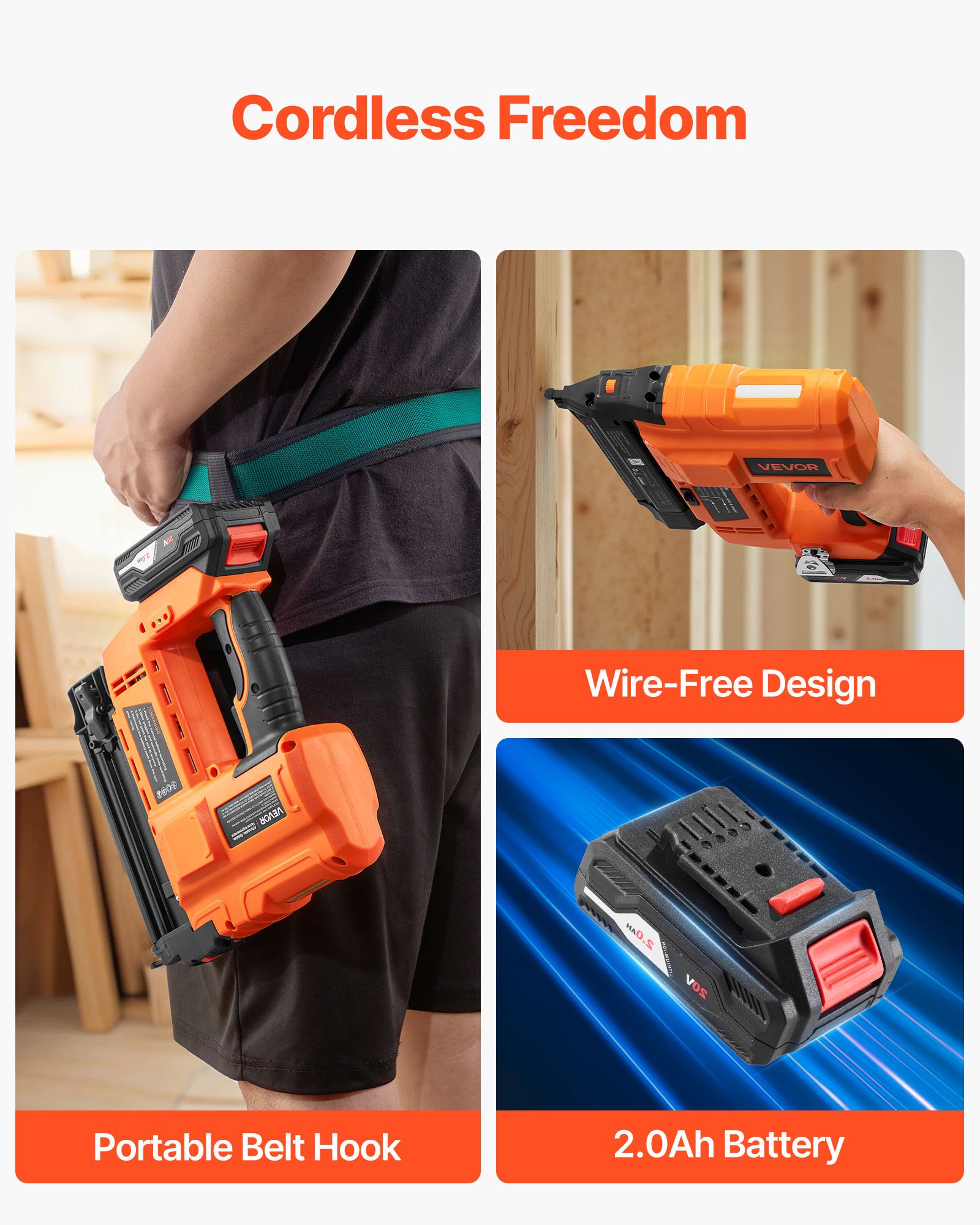 VEVOR 2-in-1 Cordless Brad Nailer, 18 Gauge, 20V Battery Powered Nail Gun and Staple Gun, with 500 pcs Nails, 500 pcs Staples, 2.0 Ah Li-ion Battery and Charger, for Home Improvement, Woodworking