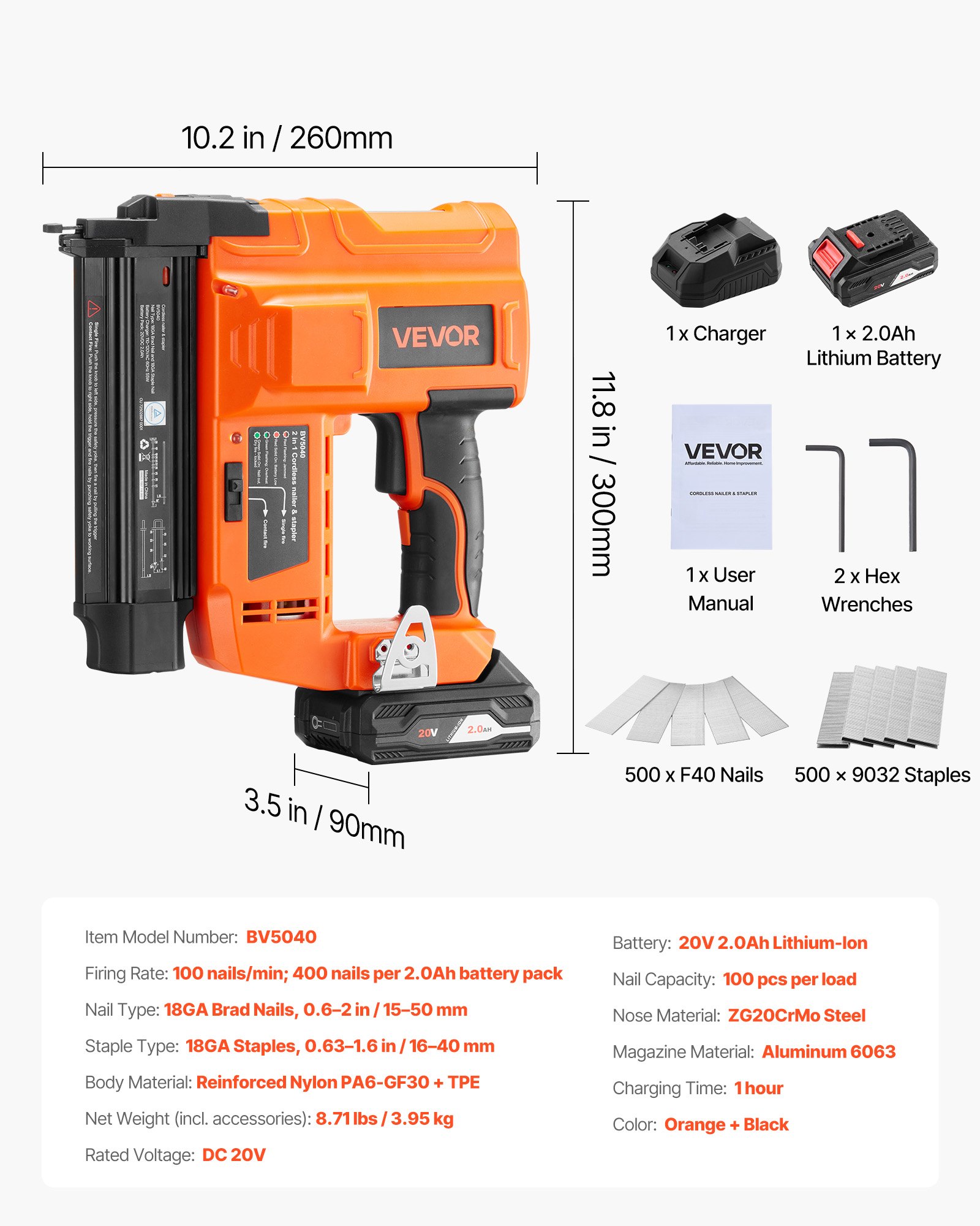 VEVOR 2-in-1 Cordless Brad Nailer, 18 Gauge, 20V Battery Powered Nail Gun and Staple Gun, with 500 pcs Nails, 500 pcs Staples, 2.0 Ah Li-ion Battery and Charger, for Home Improvement, Woodworking