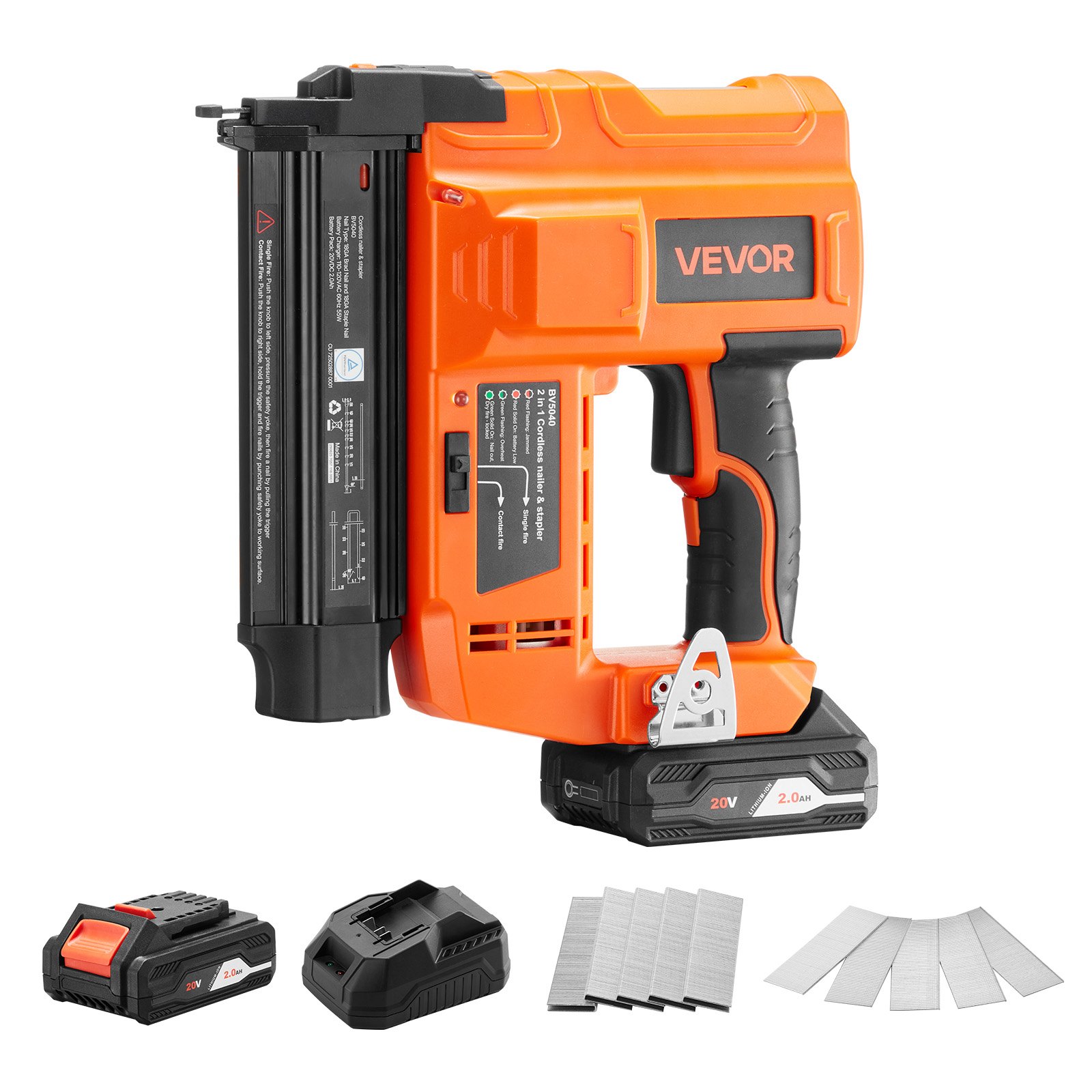 VEVOR 2-in-1 Cordless Brad Nailer, 18 Gauge, 20V Battery Powered Nail Gun and Staple Gun, with 500 pcs Nails, 500 pcs Staples, 2.0 Ah Li-ion Battery and Charger, for Home Improvement, Woodworking