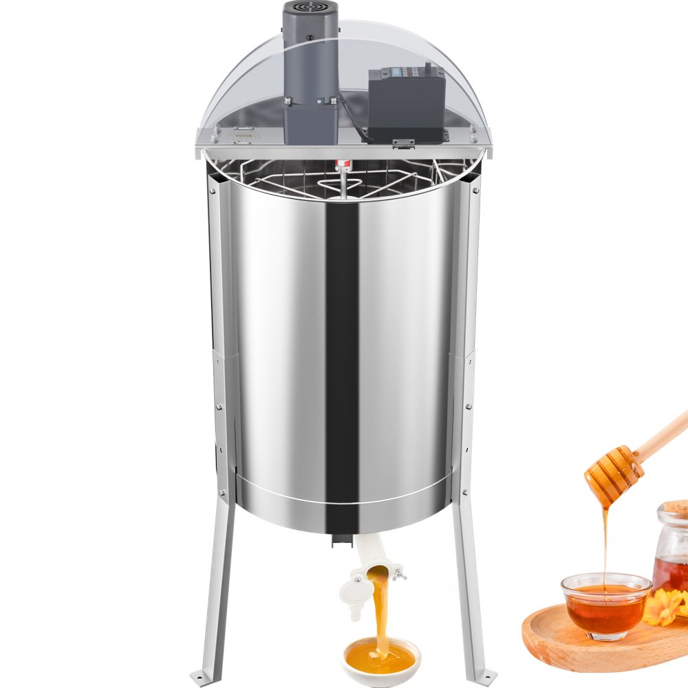 VEVOR Electric Honey Extractor, 4 or 8 Frame Beekeeping Extraction, Food-Grade Stainless Steel Honeycomb Drum Spinner, Apiary Centrifuge Equipment with Height Adjustable Stand and Transparent Lid