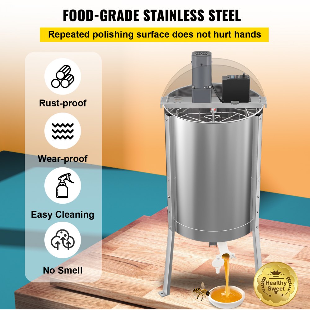 VEVOR Electric Honey Extractor, 8 Frame Beekeeping Extraction，Only 4 Deep Frames Honey Extractor, Food-Grade Stainless Steel Honeycomb Drum Spinner, Apiary Centrifuge Equipment with Height Adj Stand