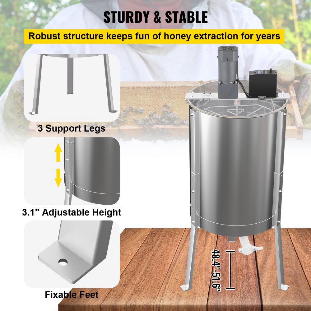 VEVOR Electric Honey Extractor, 8 Frame Beekeeping Extraction，Only 4 Deep Frames Honey Extractor, Food-Grade Stainless Steel Honeycomb Drum Spinner, Apiary Centrifuge Equipment with Height Adj Stand