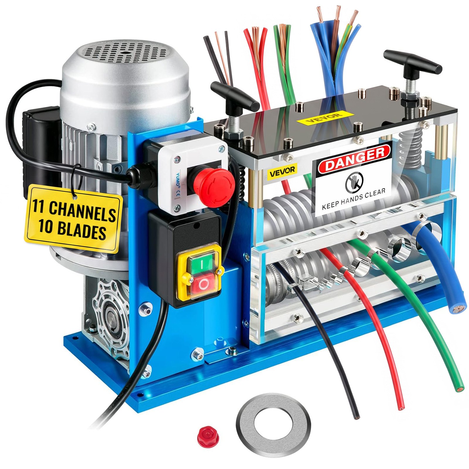 VEVOR Electric Wire Stripping Machine, 370W 0.06 inch -1.5 inch Automatic Motorized Cable Stripper with 75 ft/min Speed, 11 Channels 10 Blades Strip Machinery, Scrap Handling Tool for Recycling Copper