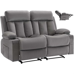 VEVOR Loveseat Recliner Sofa, Power Reclining Couch with Heating and Massage, Soft Velvet Electric Recliner Sofa with USB Ports, Cup Holders and Side Bags, Dual Loveseat Chair for Living Room, Grey | VEVOR US