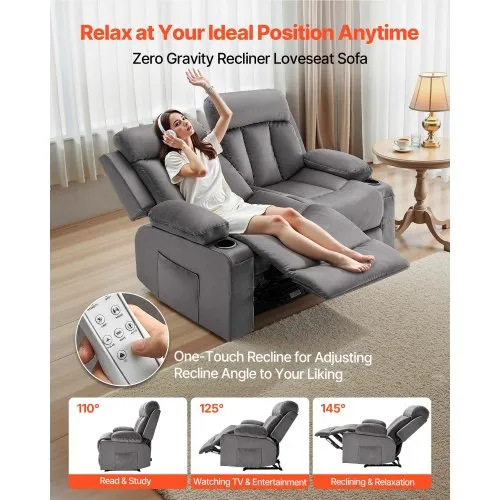 VEVOR Loveseat Recliner Sofa Power Reclining Couch with Heating and Massage Soft Velvet Electric Recliner Sofa with USB Ports Cup Holders