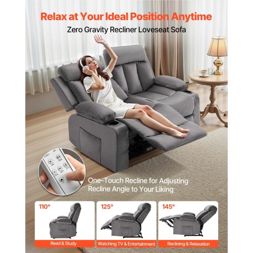 VEVOR Loveseat Recliner Sofa Power Reclining Couch with Heating and Massage Soft Velvet Electric Recliner Sofa with USB Ports Cup Holders