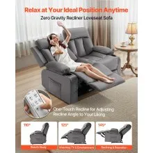 VEVOR Loveseat Recliner Sofa, Power Reclining Couch with Heating and Massage, Soft Velvet Electric Recliner Sofa with USB Ports, Cup Holders and Side Bags, Dual Loveseat Chair for Living Room, Grey