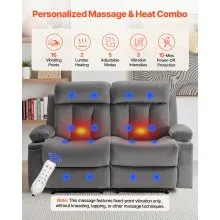 VEVOR Loveseat Recliner Sofa, Power Reclining Couch with Heating and Massage, Soft Velvet Electric Recliner Sofa with USB Ports, Cup Holders and Side Bags, Dual Loveseat Chair for Living Room, Grey
