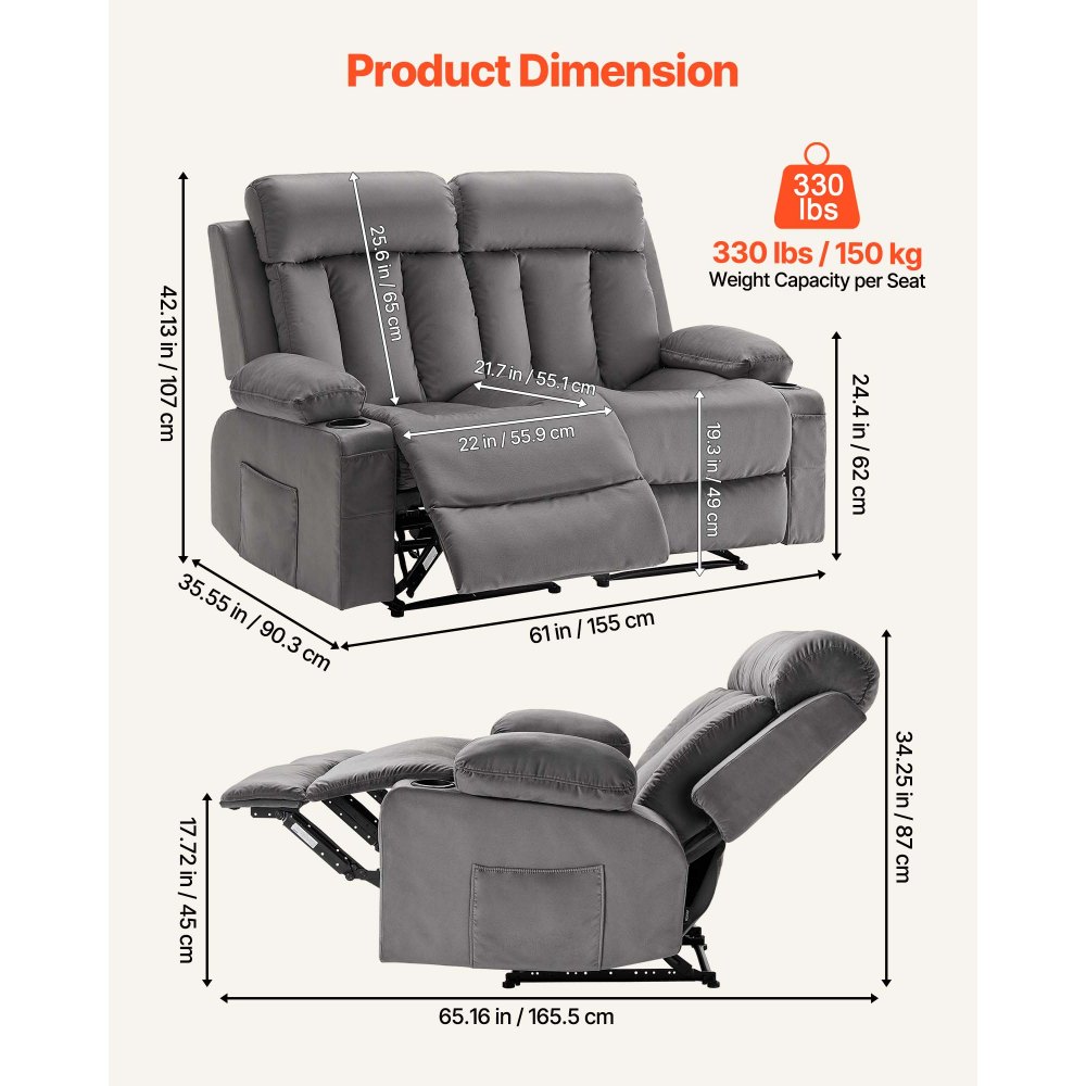 VEVOR Loveseat Recliner Sofa, Power Reclining Couch with Heating and Massage, Soft Velvet Electric Recliner Sofa with USB Ports, Cup Holders and Side Bags, Dual Loveseat Chair for Living Room, Grey