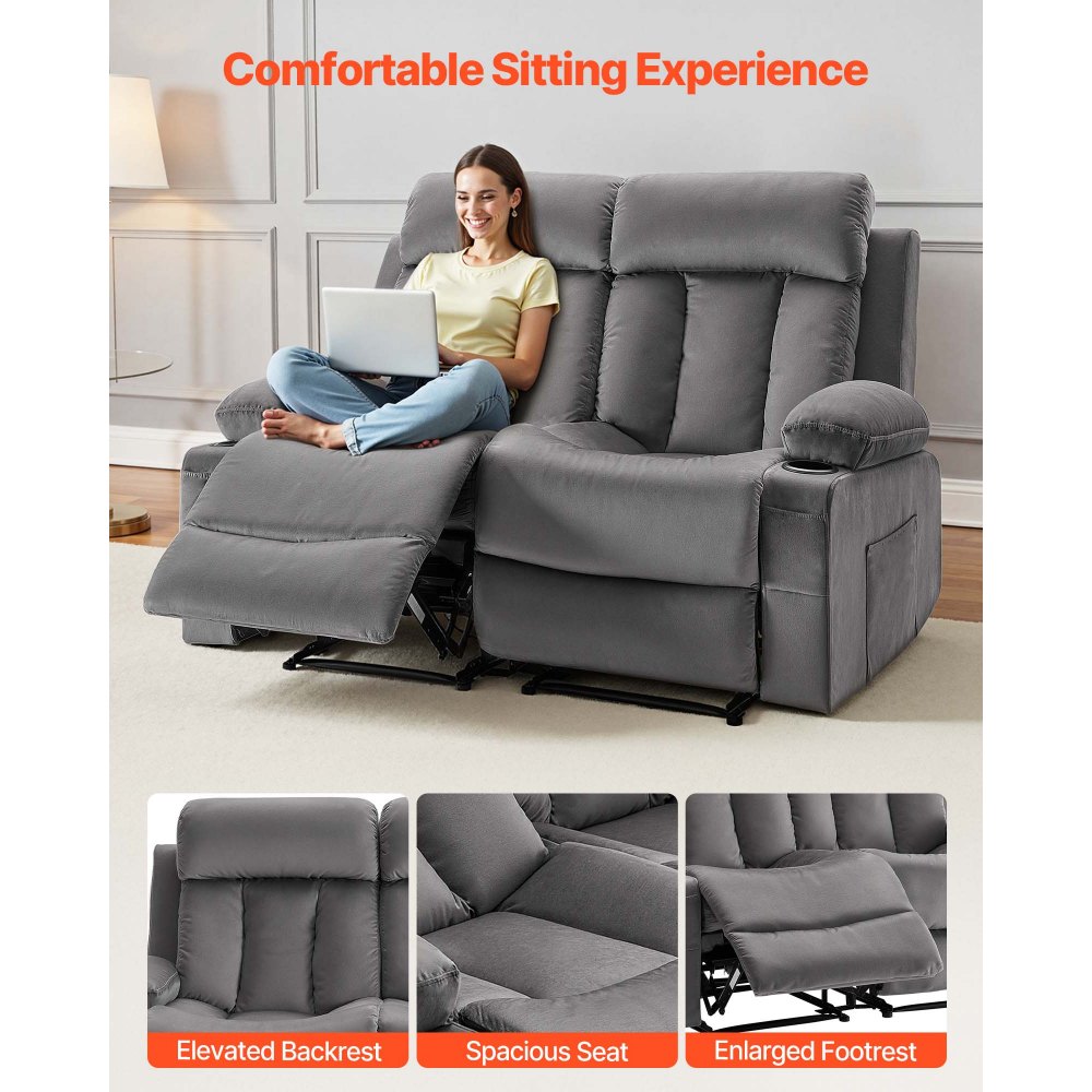 VEVOR Loveseat Recliner Sofa, Power Reclining Couch with Heating and Massage, Soft Velvet Electric Recliner Sofa with USB Ports, Cup Holders and Side Bags, Dual Loveseat Chair for Living Room, Grey