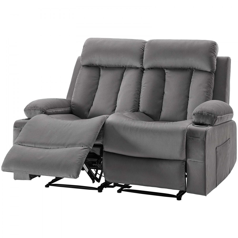 VEVOR Loveseat Recliner Sofa, Power Reclining Couch with Heating and Massage, Soft Velvet Electric Recliner Sofa with USB Ports, Cup Holders and Side Bags, Dual Loveseat Chair for Living Room, Grey